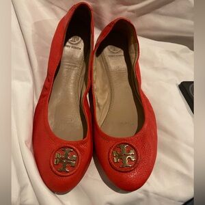 Tory Burch Orange Leather Flats with Gold Logo